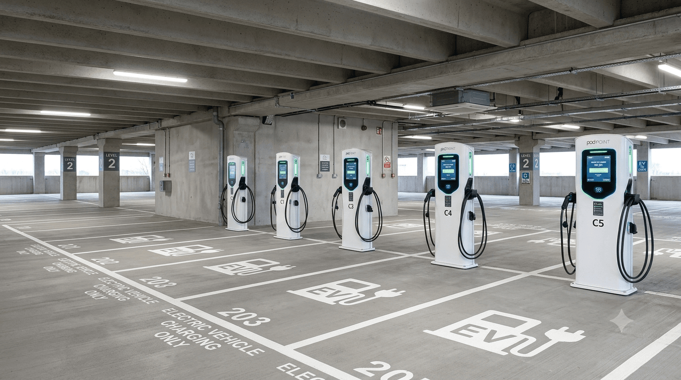 Electric vehicle charge points installed in a commercial car park