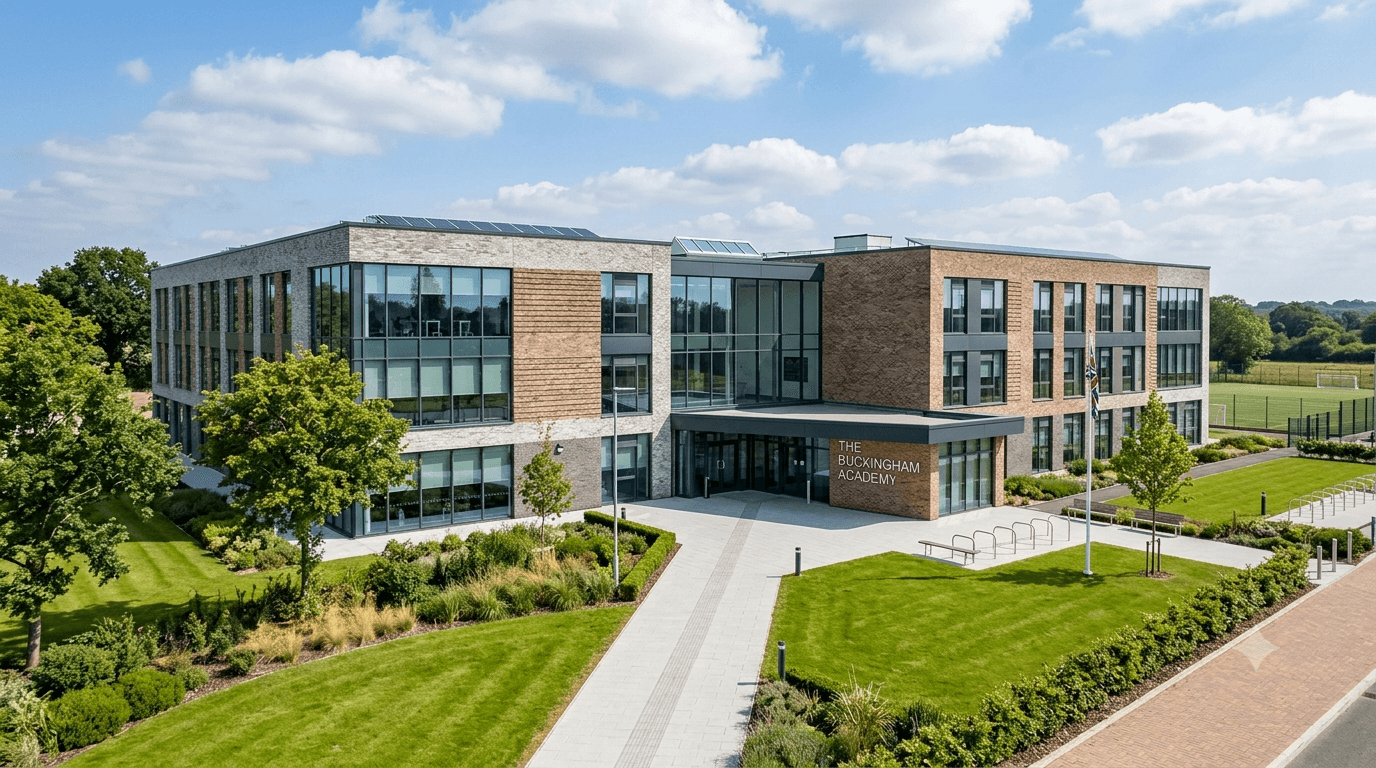 Modern school building with well-lit classroom and electrical systems