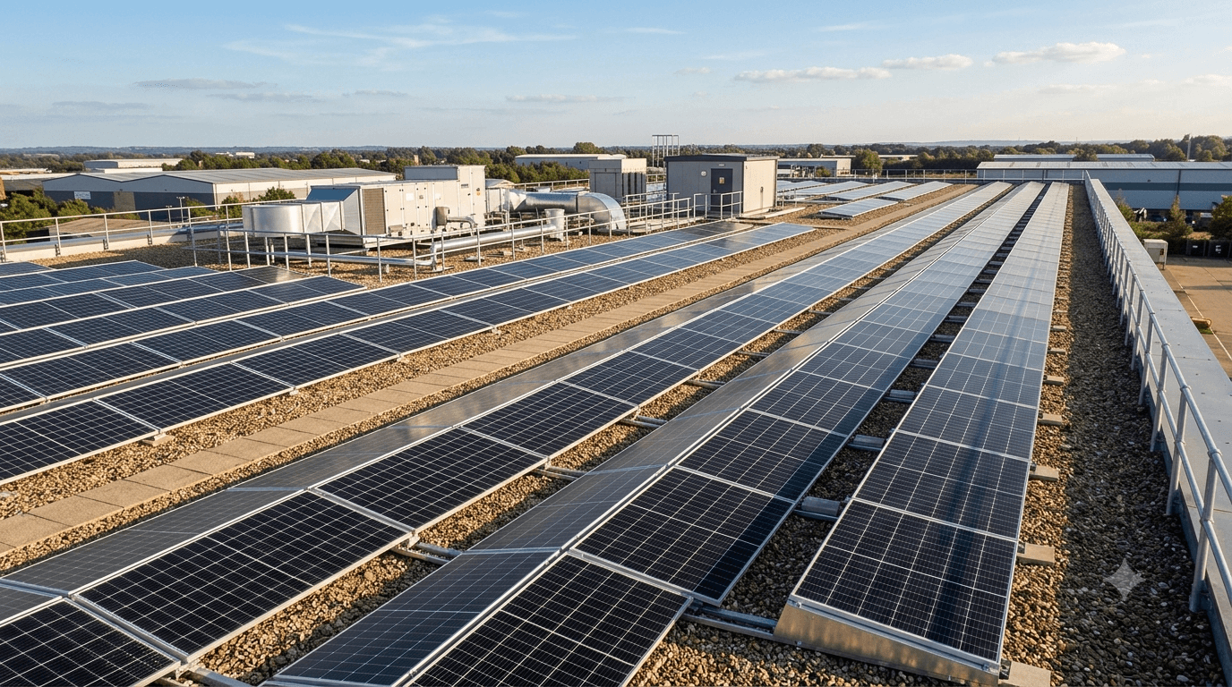 Solar PV panels installed on a commercial roof with inverter equipment