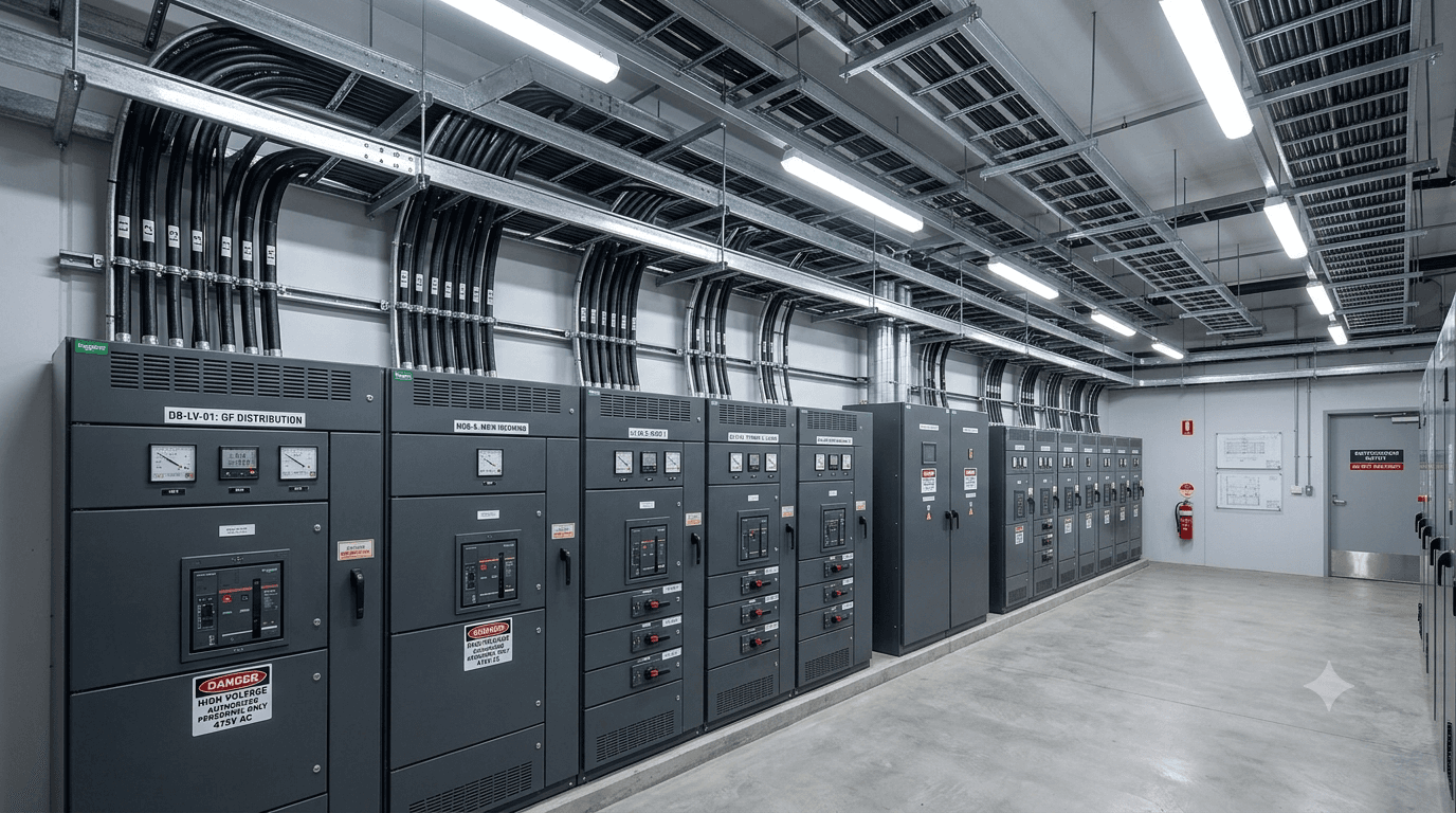 Commercial building electrical switchroom with labelled distribution equipment