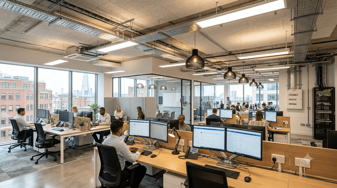 Modern commercial office electrical plant room with distribution boards