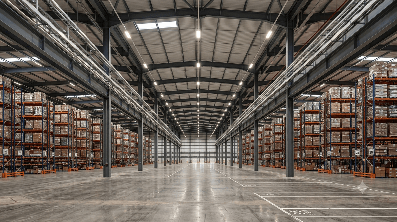 Large warehouse interior with high-bay LED lighting installation