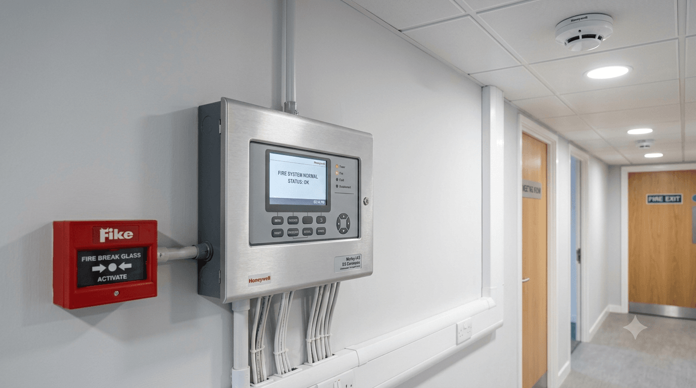 Fire alarm panel and detection equipment in a commercial building
